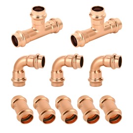 YVSKM 1/2" Copper Press Fittings Assortment Kit – 2 Tees, 3 Elbows, 5 Couplings | ProPress Compatible, Quick Press Copper Pipe Fittings for Plumbing Projects,10-Pack