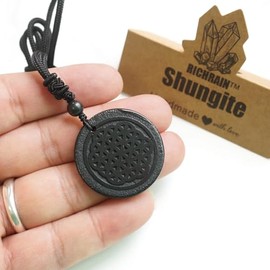 RICHRAIN RICHRAIN Halskette mit Anh?nger aus echtem natrlichem Schungit, spirituelle Geschenke fr Frauen, Kristallheilung, Kristallgeschenke fr M?nner (20230508UK-SPN-Flower of Life)