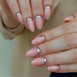 Nude Press on Nails Almond Shaped Fake Nails Medium Glossy Stick on Nails French Tip Full Cover False Nails Acrylic Glue on Nails for Women