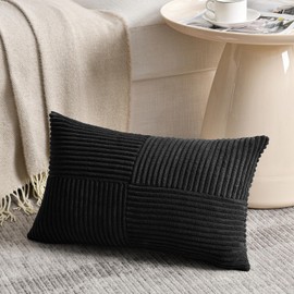 Fancy Homi 2 Packs Black Long Lumbar Decorative Throw Pillow Covers 12x24 Inch for Couch Bed Sofa, Rustic Farmhouse Boho Home Decor, Soft Striped Corduroy Rectangle Accent Cushion Case 30x60 cm