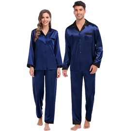 SWOMOG Couples Pajama Sets Women & Men Silky Satin Long Sleeve Sleepwear Classic Button Down Soft Loungewear Pjs Set Women Deep Navy Blue X-Large