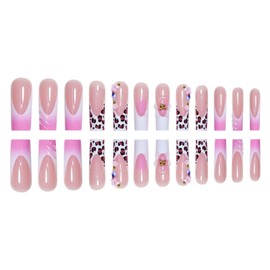 French Tip Press on Nails Long Square Fake Nails Floral False Nails Pink Acrylic Nails Press on Flowers Artificial Nails With Designs Stick on Nails for Women 24pcs