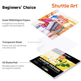 Shuttle Art Marker Pad, 8.3”x7.67” Portable Square Sketchbook, 50 Sheets Marker Drawing Paper, 98LB/160GSM Smooth Surface Bleedproof Art Paper, Glue-Bound, Great for Beginners to Draw, Paint & Sketch