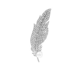 LPYO Feather Brooches Pin for Women Men Elegant Rhinestone Pearl Feather Leaf Lapel Pins for Clothing Bag Hat Dress Wedding Party Accessories (CZ silver)