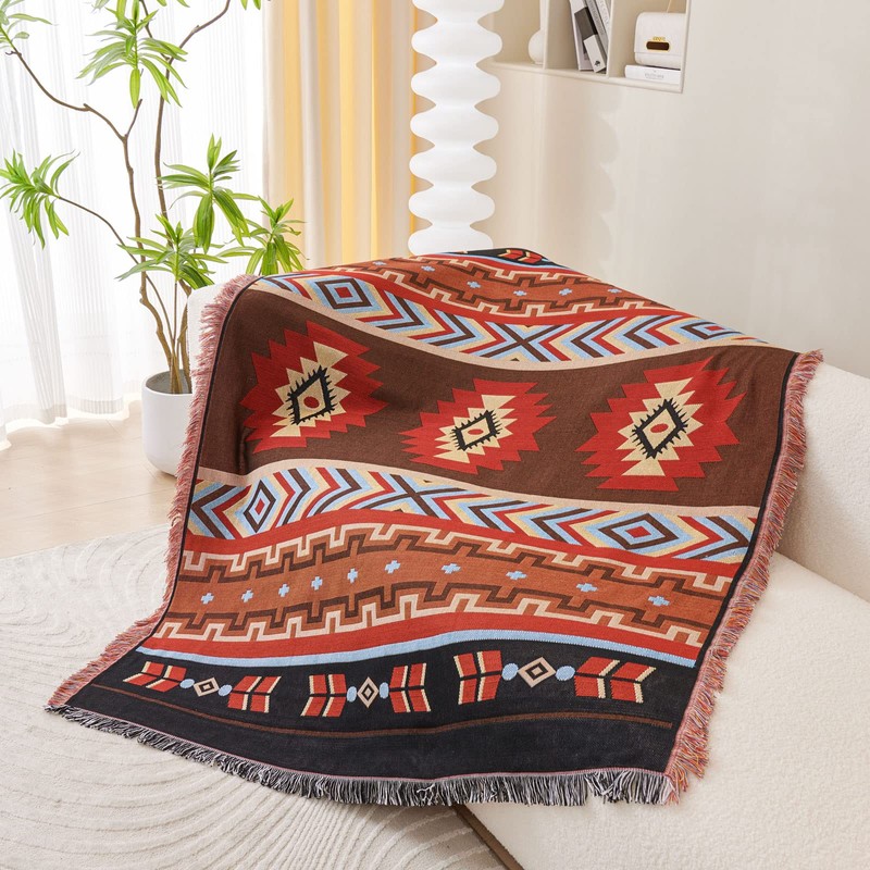 LHGOGO Bohemian Patterned Woven Sofa Throw Blanket with Tassels, Double-sided