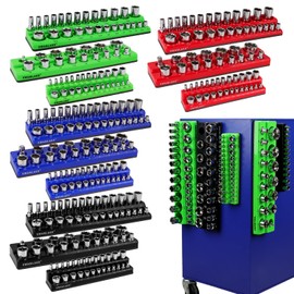 SWANLAKE Magnetic Socket Organizer Set, 1/4", 3/8", 1/2" Sockets Holds 286 Pieces Magnetic Socket Trays (Blue&red&black&green, 12 Pcs)