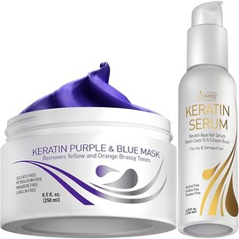 Vitamins Keratin Purple Blue Hair Mask and Serum Kit - Conditioning Anti-Brassiness Toner for Bleached Blonde Platinum Silver White Gray Dry Damaged Hair, Heat Protectant and Anti-Frizz Gloss