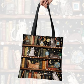 Book Canvas Tote Bag Gifts for Book Lovers, Library Cat Canvas Tote Bag for Her Friends, Christmas Birthday Gift for Mom Daughter Sister, Book Lovers Gifts for Women Shopping, Gym, Travel, Vacation