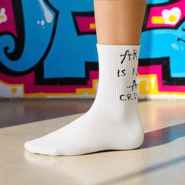 Tindo Statement Socks ART IS NOT A CRIME Streetwear Sock - Artist Socks with Message - Size 3-9 Crew Socks, White
