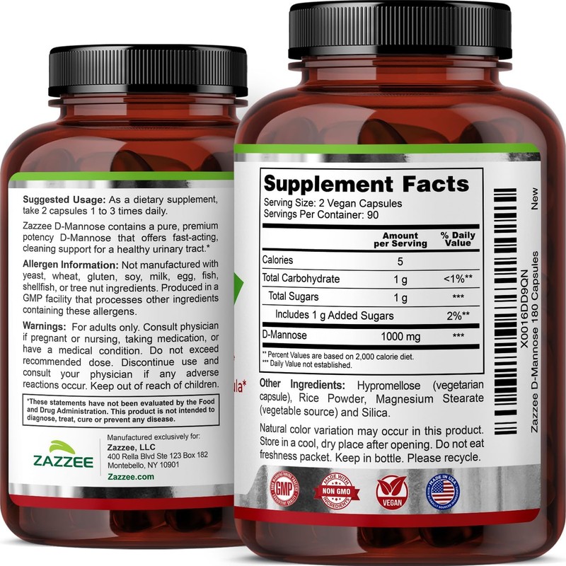 Zazzee D-Mannose, 1000 mg per Serving, 180 Vegan Capsules, 3