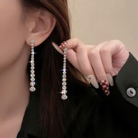Xmsrn Vintage Long Crystal Earrings Rhinestone Bar Dangle Earrings Silver Long CZ Tassel Chain Earrings Crystal Tennis Chain Stud Earrings CZ Line Earrings For Women, Zinc, No gemstone.