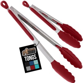 GORILLA GRIP Stainless Steel Heat Resistant Kitchen Tongs for Cooking, Set of 2 BBQ Tong, Non Scratch Silicone Tip for Pans, Strong Grip, Grab Food, Toss Salad, Air Fryer, Pull Lock, 7 + 9 Inch, Red