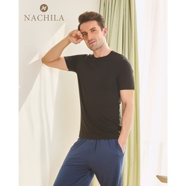 NACHILA Undershirts for Men - Viscose Made from Bamboo, 3 Pack Short Sleeve Tees Soft T-Shirts Comfy Loungewear Top Navy Blue/Black/Charcoal Heather L