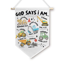 BlissfulAbon God Says I Am Construction Bible Verse Wall Canvas Banner, Construction Room Decor, Christian Affirmation Wall Hanging Pennant Flag for Boys Bedroom Playroom Nursery, 11×15 Inch