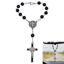 Steering Wheel Rosary Charm, Black Classic Icon Symbolic Disc Pendant, Car Rosary Steering Wheel Chain Rearview Mirror Hanging Ornament for Automotive Interior Decor