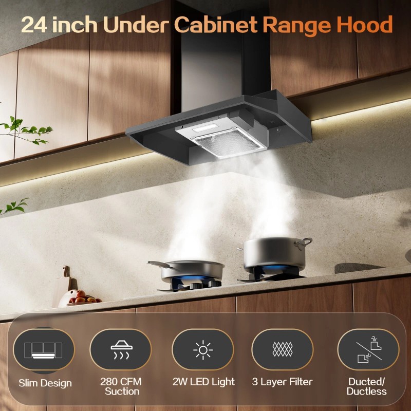 Zomagas 24inch Stainless Steel Kitchen Range Hood 280CFM 2 Speed
