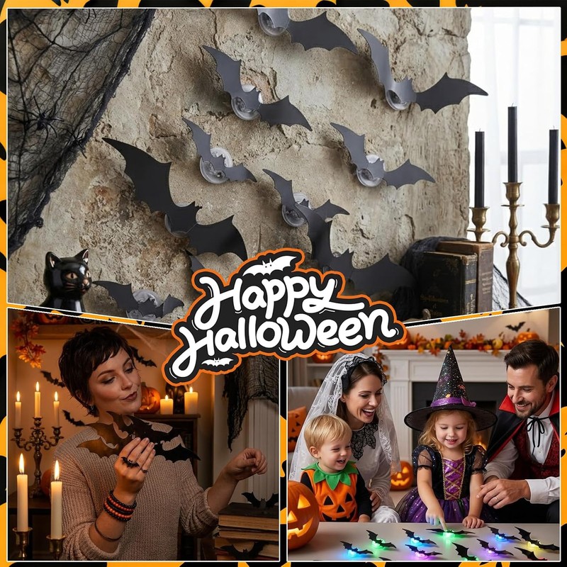45pc Murciélagos decoración de halloween,murcielago de decoracion,murcielagode halloween,4 Tamaño,3D,Luminoso,PVC Impermeable,Murciélagos