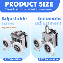 4Pcs Shower Door Rollers, 23mm Shower Rollers for Curved Doors, Twin Wheels Pulleys Bathroom Replacement Shower Door Roller with Anti-Collision Block and Screws