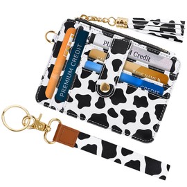 Simikol Slim Zipper Credit Card Holder with Keychain Wristlet Small RFID Leather Wallet with ID Window for Women,Cow