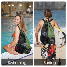 WANDF Swim Bag Mesh Drawstring Backpack with Wet Pocket for Swimming, Gym, and Workout Gear (Dark Green)