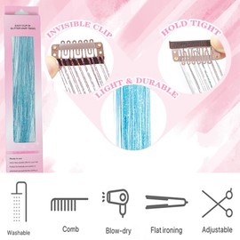 Hair Tinsel 12 Pcs Clip in Hair Tinsel Kit for Girls 22 Inch Glitter Fairy Tinsel Hair Extensions Colorful Heat Resistant Party Festival Hair Accessories for Women Kids (blue)