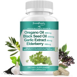 GREENPEOPLE Organic Oregano Oil 11-in-1 Black Seed, Elderberry, Garlic, Olive Leaf, 120 Ct