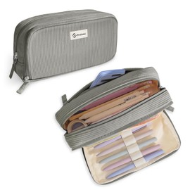 FINPAC Pencil case, pencil case made of corduroy fabric, large capacity pencil case with 3 compartments, pencil case, pencil case, pencil case, school pencil case for school and office, gray