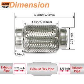 Simnliras 2.75 inch Exhaust Flex Pipe, 2.75" x 3.7"w, Stainless Steel Heavy Duty Double Braid Exhaust Flex Tube, 6" Overall Length, 2 Pack