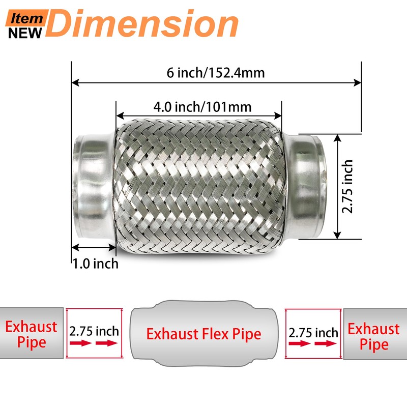 2.75 inch Exhaust Flex Pipe, 2.75" x 3.7"w, Stainless Steel