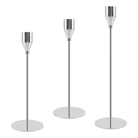 Juego de 3 portavelas plateados, portavelas cónicos de metal, soportes altos para velas de 2,2 cm de grosor y velas LED, para centro de mesa, repisas de chimenea, bodas, cenas, fiestas