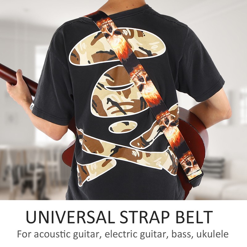 Leather Shoulder Strap Guitar Parts Flame‑Skull‑Pattern Print‑Type Adjustable Length