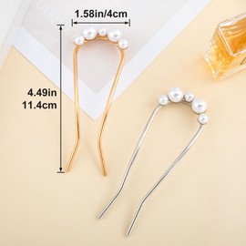 VARMDUKKE 2PCS Pearl French Hair Pins for Women, Gold Silver Twist U Shaped Hair Clips, Metal Large French Twist Hair Pin, Elegant Hair Accessories for Thick Long Hair