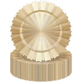 Mifoci 24 Pcs Gold Charger Plates Bulk 13 Inch Plastic Round Chargers Fluted Edge Dinner Plate Wedding Decoration for Table Setting Wedding Party Event Tabletop (Light Gold)
