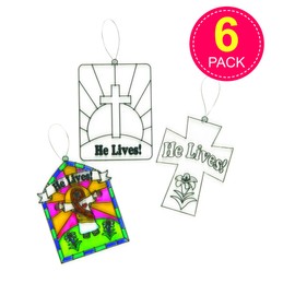Baker Ross ET880 He Lives' Suncatcher Glass Effect Acrylic Decorations 10cm, 3 Assorted, Children's Easter Painting Craft Kits(Pack of 6)
