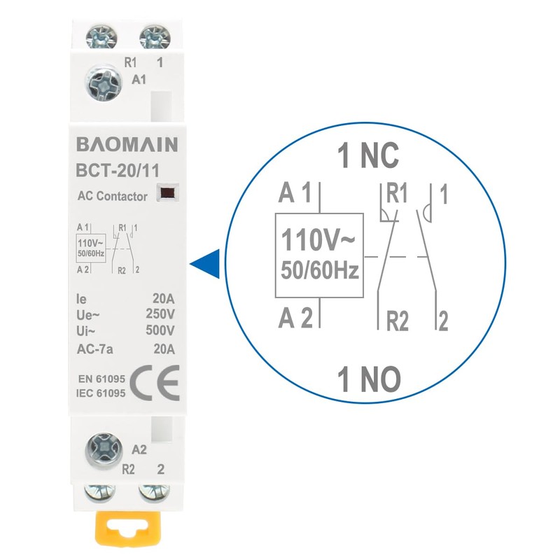 Baomain 110V AC 2-Pole Modular Contactor, 20A 1NO1NC Normally Open
