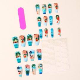 24Pcs Coconut Tree Dolphin Press on Nails Long Length Shell Flower and Waves Pattern Design Summer Beach Acrylic Fake Nail Full Cover Glossy Artificial Fingernails Reusable Glue on Nails for Women