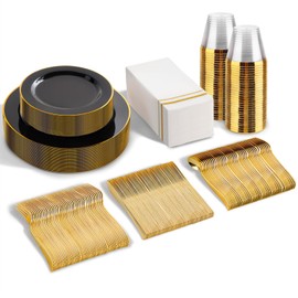SUT 175Pcs Black Plates,Gold Plastic Plates for 50 Guests, Plastic Plates for Party, Plates Disposable Heavy Duty, Plastic Plates Disposable,Party Plates and Cups and Napkins Sets