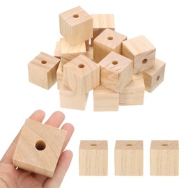 sourcing map 20Pcs Wooden Blocks with Holes, 1.6 Inch Unfinished Wooden Cube Square Solid Wood Beads Unfinished Wood Blocks for Crafts DIY Projects, Building