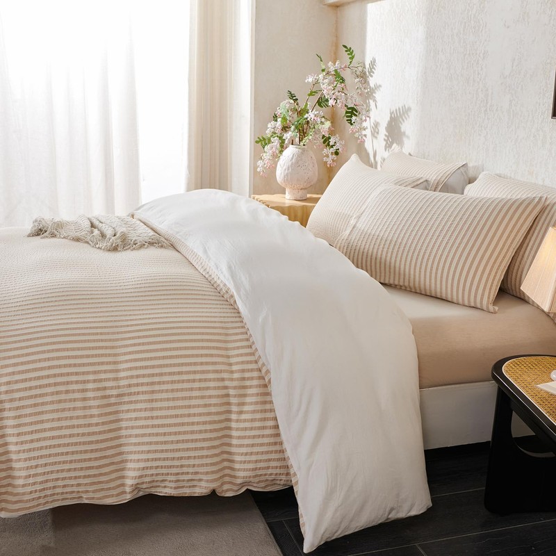 BUPIRD Queen Size Comforter Set Beige Striped 100% Soft Washed