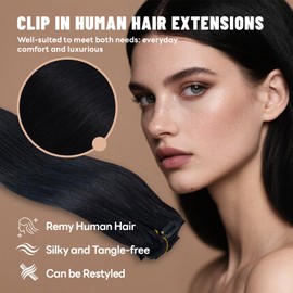 LuxeTress Clip-In Real Hair Extensions, 55 cm, 120 g, 7 Pieces, 100% Real Remy Extensions, Natural, Straight, Double Stitched Hair Extensions (22 Inches, 120 g, #1)