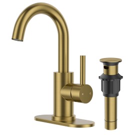 FORIOUS Gold Bathroom Faucet 1 Hole with Deck Plate, Single Handle Brushed Gold Bathroom Faucet Single Hole, Gold Kitchen Bar Sink Faucet One Hole with 360° Swivel Gooseneck, Gold Bar Faucet RV