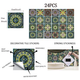 24pcs Moroccan Tile Stickers 15x15cm Bathroom Green Tile Stickers For Kitchen Bathroom Living Room Fireplace Stairs Home Waterproof Stickers For Tile Peel And Stick Tile Decals 6"x6"