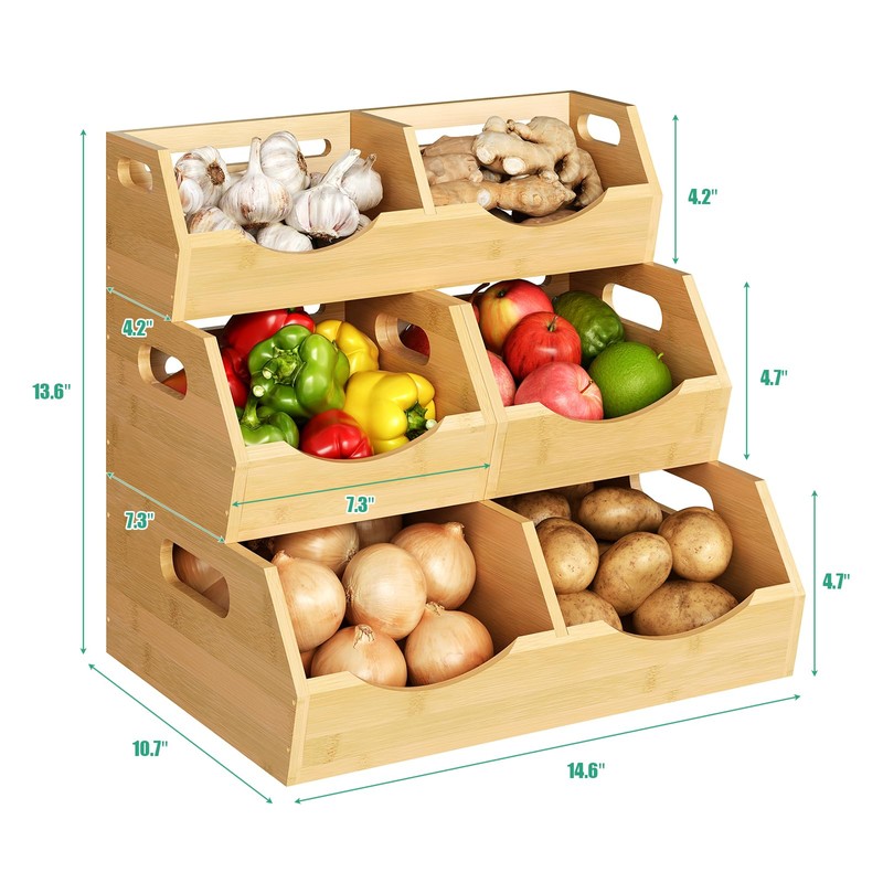 Onion Storage Bins Potato, 3 Tier Bamboo Pantry Storage Bin