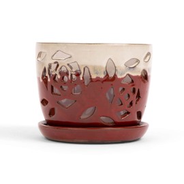 rePotme Orchid Pot - 5 inch Floral Cutout Ceramic Orchid Pot with Holes (Cream Over Garnet) - includes Free 5 inch Slotted Pot Liner