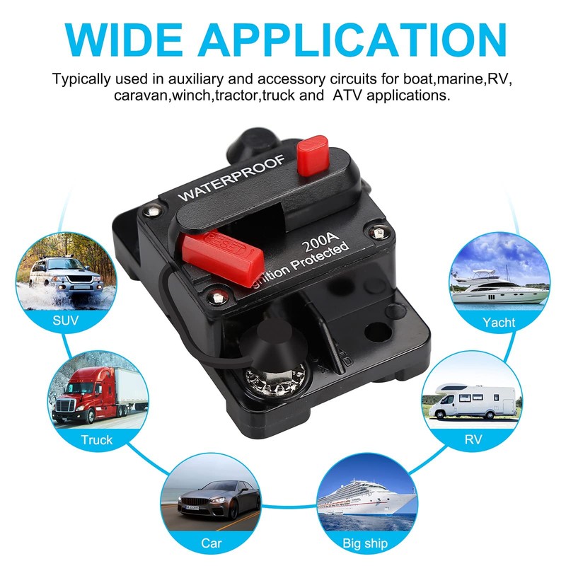 200 AMP Waterproof Circuit Breaker,with Manual Reset,12V-48V DC,30A-300A,for Car Marine