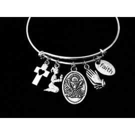 First Holy Communion Gift for Girls Communion Jewelry Expandable Silver Bangle Faith Cross Girl Praying Hands