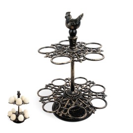 Linton Arts Cast Aluminum Fresh Egg Holder Countertop, Egg Holder Rack Tray for 12 Fresh Eggs, 2-Tier Egg Tray & Dispenser with Rooster Top Design, Egg Skelter for Kitchen (7.67" × 7.67" × 10.98")