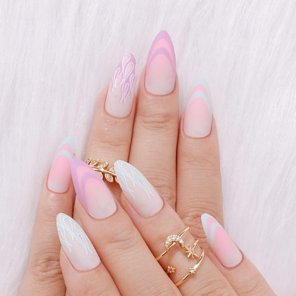 Medium Press on Nails Almond Fake Nails Purple Green Lines