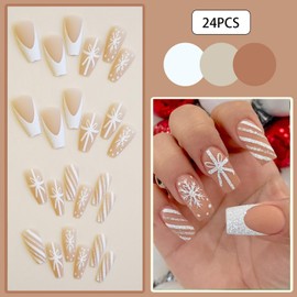 Christmas Press On Nails Medium, Christmas Nails Glue On，24Pcs Christmas Fake Nails With Glue, Christmas Nails Press On With Silver French Snowflake Glitter Design，Stick On Nails for Women