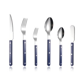 Rivet ABS Faux Wood Handle Silverware Set - 6-Piece Stainless Steel Flatware with Steak Knife, Fork, Spoon, Teaspoon, Dessert Fork and Butter Knife - Elegant Tableware Cutlery for Dining (Blue)